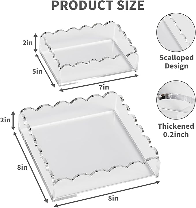 Scalloped Acrylic Tray 2 Pack, Clear Acrylic Decorative Tray for Vanity Jewelry Display, Countertop Organizer Tray for Perfume Makeup, 7 x 5 Inch 8 x 8 Inch Acrylic Organizer for Bathroom Home Decor