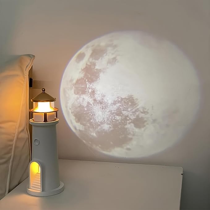 IFTHFOUR Moon Lighthouse Projector Night Light with Motion Sensor - Rechargeable LED Galaxy Table Lamp, Moon Lamp for Kids, Bedroom, Nursery Decor - Perfect Christmas, Birthday Gift for Boys & Girls
