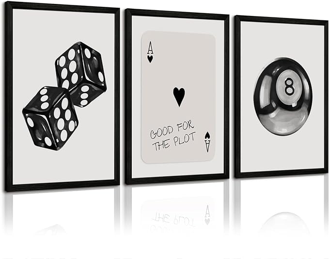 Black White Aesthetic Wall Art Decor 8 Ball Canvas Poster Y2k Cool Dice Pictures Black White Room Decor Trendy Poker Poster Prints Retro Painting Artwork for Apartment Dorm 12x16 Inch Wood Framed 3Pcs
