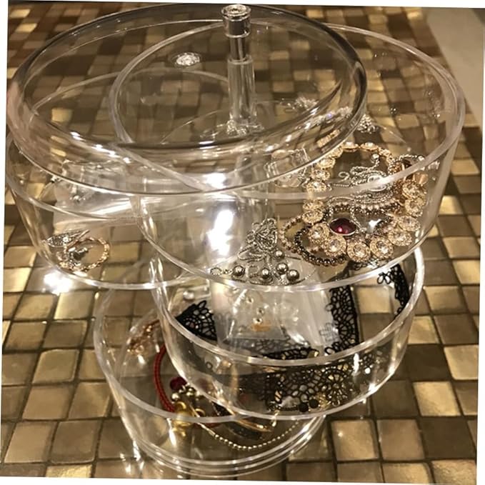 Healeved 2pcs Transparent Four-layer Circular Rotating Jewelry Storage Box Plastic Organizer for Cosmetics Beads and Items Desktop Display Container