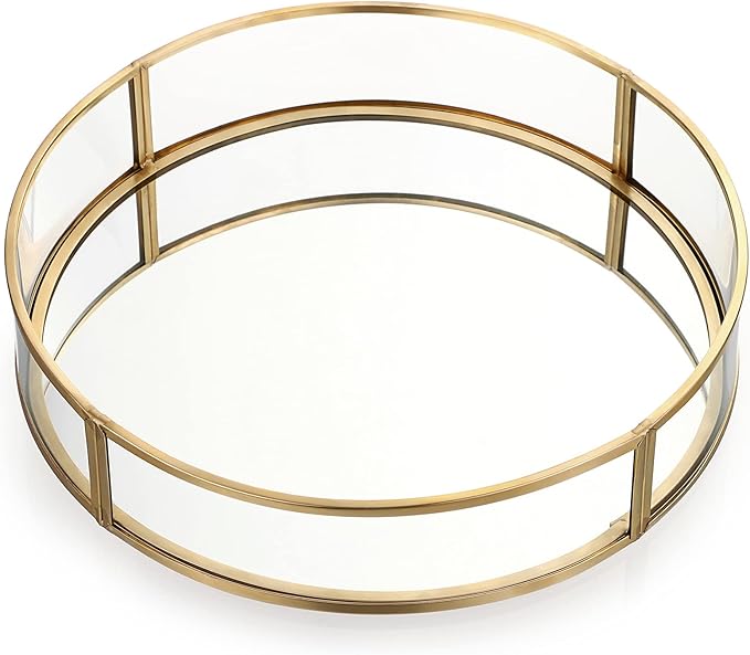 ELLDOO Gold Round Glass Decorative Tray, 9.9inch Metal Mirrored Jewelry Tray, Makeup Perfume Organizer for Bathroom Sink Vanity Dresser