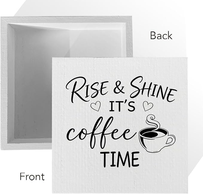 Farmhouse Coffee Bar Sign 5x5 Inch - "RISE & SHINE IT'S COFFEE TIME" Rustic Coffee Bar Decor, Farmhouse Style Shelf/Tabletop Decoration for Kitchen Café