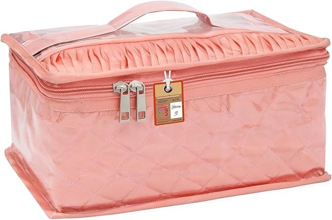 atorakushon Satin Transparent Makeup Pouches Case Cosmetic Necklace Earrings Jewellery Box Travel Organizer For Women Peach with 10 Pouch