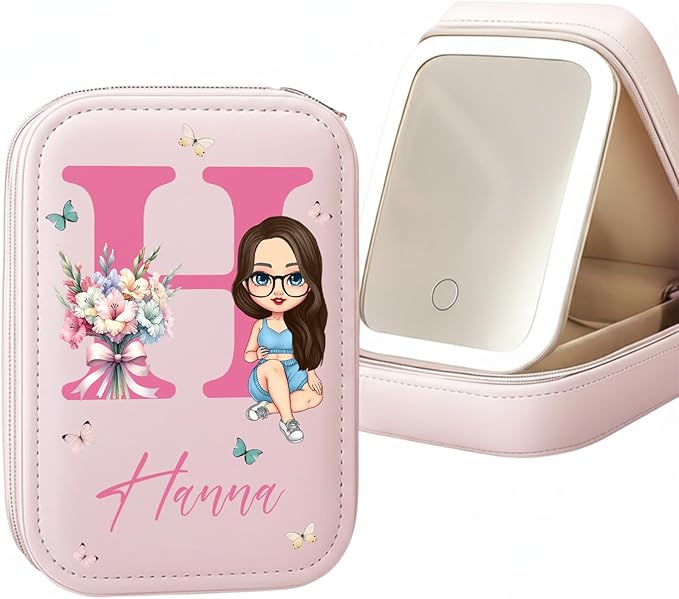 WANDERPRINT Personalized Floral Makeup Box with LED Mirror – Custom Name Birth Month Flower Jewelry Organizer, Travel Cosmetic Case Gift for Women & Girls on Christmas Birthday (Color 4)