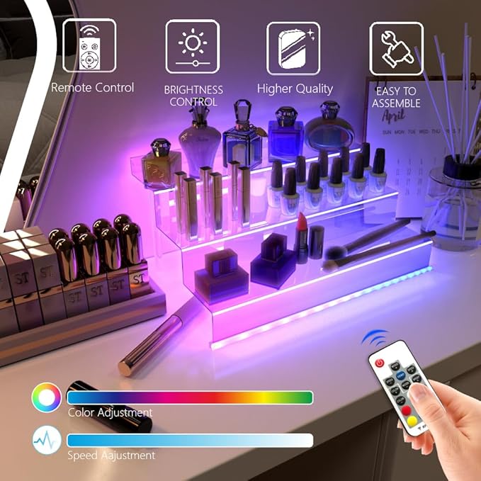 12 IN Clear Display Riser Stand with LED Light， Acrylic Organizer for Perfume, Figures, Cupcake, Dessert, Cologne Holder, Desktop Display Stand for Organize and Decoration