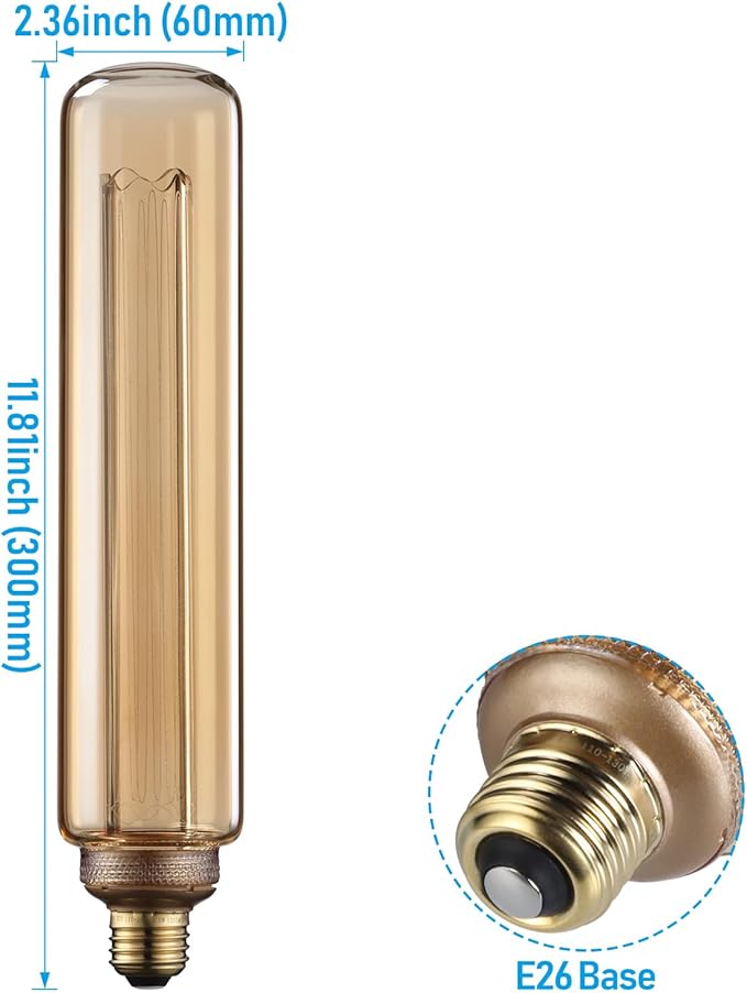 TORCHSTAR LED Tubular Decorative Light Bulb 3.5W, T19 11.81Inch Long Tube Edison Light Bulbs, E26 Base, Dimmable Virtual Filament Vintage Edison Bulb, Amber Glass, 2000K Soft Warm, UL Listed