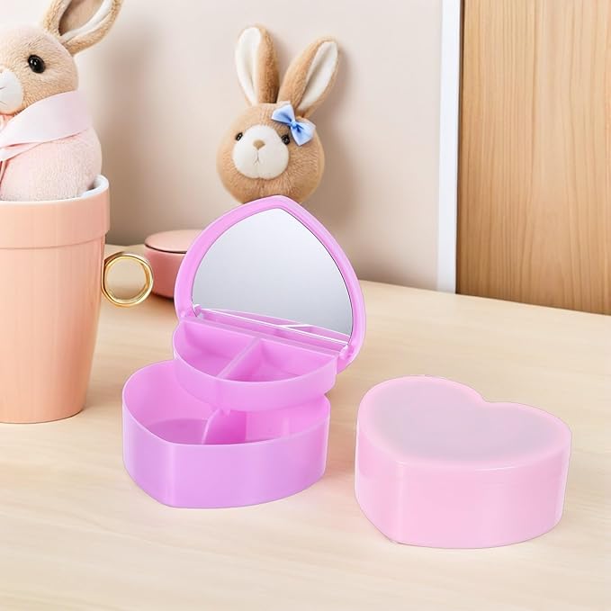 SUPVOX 2pcs Jewelry Box Heart Shaped Double Layer Organizer with Makeup Mirror Plastic Storage Case for Hair Accessories and Trinkets Bedroom