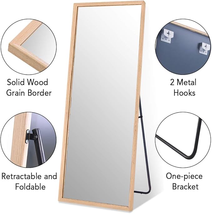 NeuType Floor Full Length Mirror Free Standing Full Body Dressing Mirrors with Stand Hanging Wall Mounted Large Rectangle Wood Frame Leaning Bedroom Living Room Décor 65 x 22 in (Solid Wood Color)