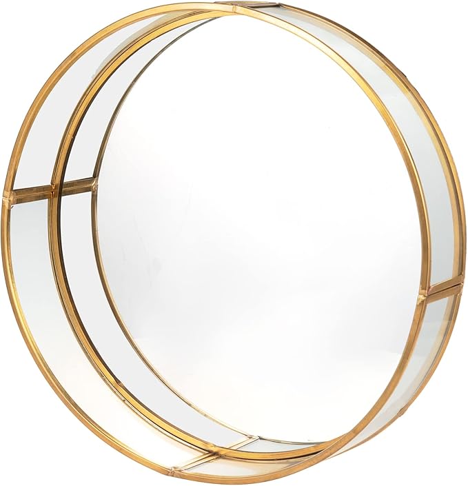 Feyarl Gold Round Clear Glass Mirror Perfume Display Decorative Tray Make up Vanity Jewelry Organizer Tray Ornate Cosmetic Tray for Home Decor Dresser Tabletop Countertop