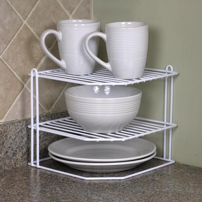 Home Basics Corner Rack, White, Vinyl Coated Steel, Rust Resistant, 2-Tier Shelf, Keeps Spices and Cups Organized, 9x9x8.5in
