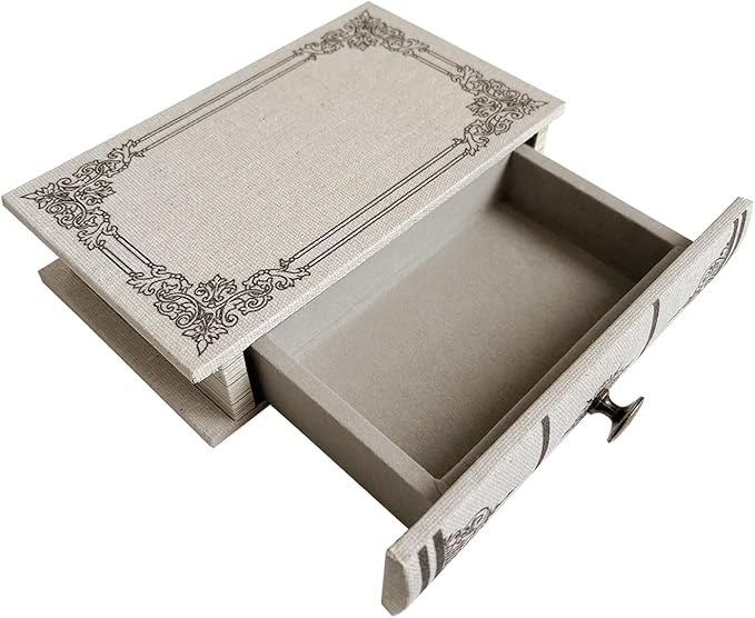 Vintage Book Storage Box with Drawer, Natural Linen-Textured Cover with Classic Frame Pattern, Hidden Organizer for Jewelry, Keepsakes or Desktop Use 11.8″ x 8.7″ x 2.4″