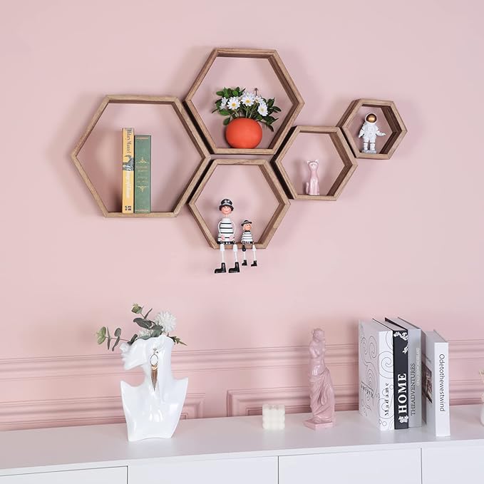 Hexagon Shelves for Wall,Hexagon Floating Shelf Set of 5,Honeycomb Shelves Octagon Hanging Cube Rustic Wood Wall Mounted for Living Room Bedroom Kitchen Bathroom Office Home Decor（Carbonized Brown）