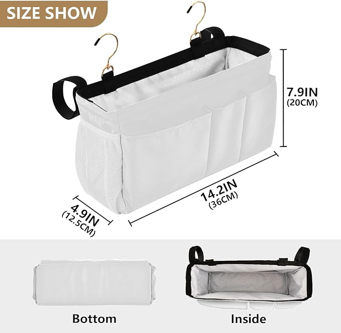White Bedside Caddy Storage Bag Bedside Organizer for Bunk Bed Headboards College Hanging Storage Organizer 6 Pockets with Hooks for Drinks Magazine Phone Holder