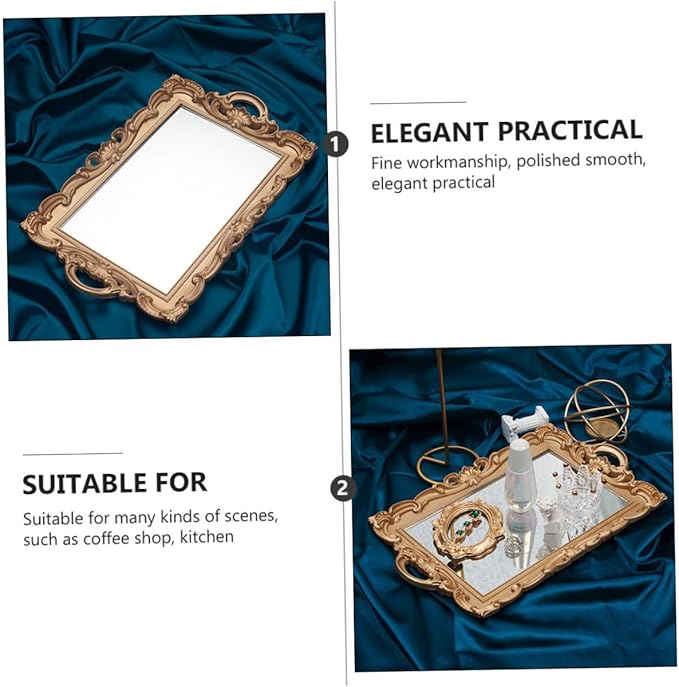 European Mirror Plate Decorative Tray Golden Retro Makeup Organizer Tray for Perfume Storage and Photo Props Home Décor Accent for Bedroom and Bathroom