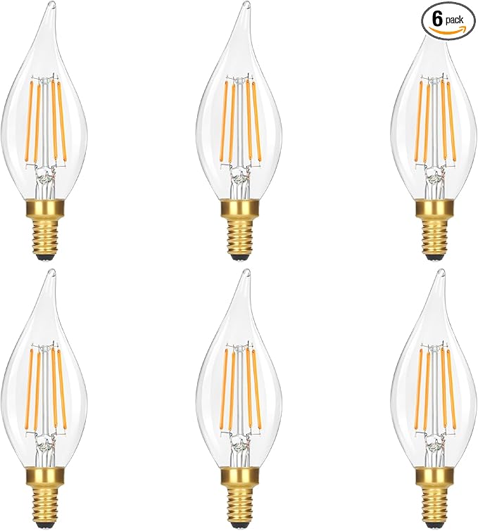 GoBright Dimmable LED Candelabra Bulbs 2700K Soft Warm White, 60W 630LM LED Candle Light Bulbs with Vintage Flame Tip, 6W Clear Glass LED Bulbs for Chandelier, Pendant, 6-Pack