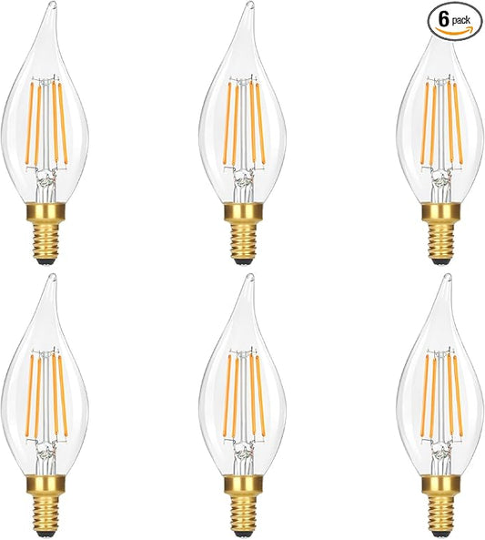 GoBright Dimmable LED Candelabra Bulbs 2700K Soft Warm White, 60W 630LM LED Candle Light Bulbs with Vintage Flame Tip, 6W Clear Glass LED Bulbs for Chandelier, Pendant, 6-Pack
