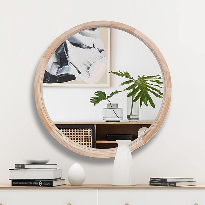 CONGUILIAO Round Mirror, 30 Inches Wood Mirror, Wall Decorative Circle, Nature Big Bathroom Large Vanity Farmhouse for Living Room Bedroom Entryway