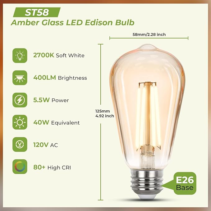 Sigalux Vintage LED Edison Bulbs 40 watt Equivalent, Dimmable E26 Light Bulb 2700K Soft Warm White, Amber Glass ST58 Vintage Bulb, 90+CRI, 4.5W 400LM, E26 Base, 4 Pack