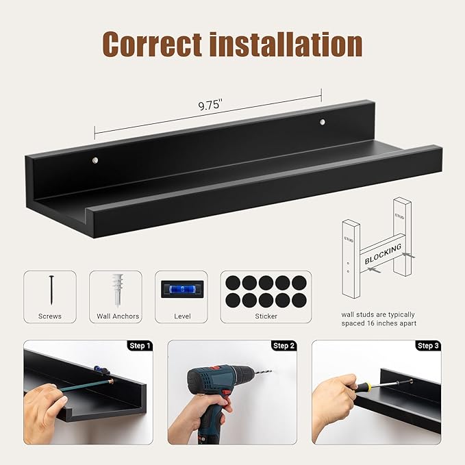 Heimlove 16 Inch Picture Ledge Shelf with Lip Set of 8,Black Floating Shelves for Wall,Wall Shelves in Varying Depths for Living Room Bedroom Bookshelf Photo Frames Nursery Book Shelves for Storage