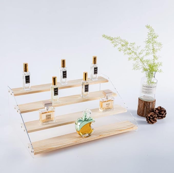 4 Tier Acrylic Display Stand for Figures Wooden Risers for Display Case Craft Fair Acrylic Cupcake Stand for Dessert Table Top Jewelry Displays for Craft Shows Cologne Perfume Shelf (SMALL)
