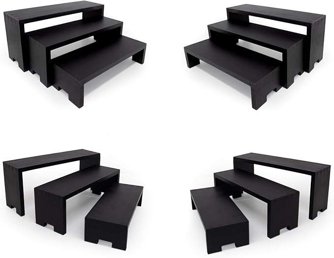 Yikaroeli 12Pcs Display Riser Wood Risers Wooden Stand 3 Tier 4 Set 12 Pieces Wood Racks Decorative Rectangular, Cupcake Stands Cologne Perfume Organizer(Black)
