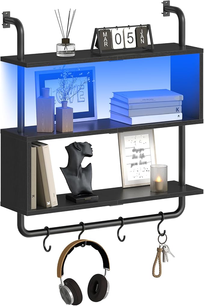 HOOBRO Floating Shelves with LED Lights, 29.5" LED Wall Mounted Gaming Shelf, 3-Tier Pipe Display Rack with Hanging Rod and 4 S-Hooks, for Storage Livingroom, Bedroom, Kitchen, Black BB21DBJ01