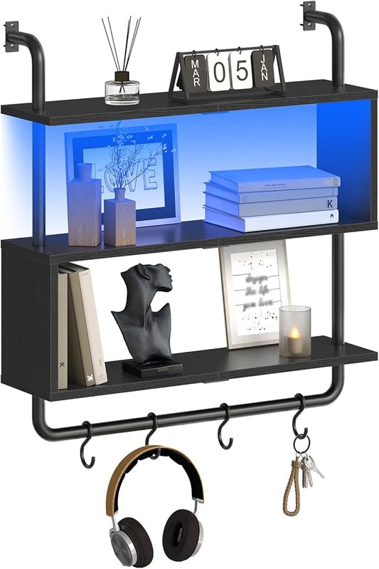 HOOBRO Floating Shelves with LED Lights, 29.5" LED Wall Mounted Gaming Shelf, 3-Tier Pipe Display Rack with Hanging Rod and 4 S-Hooks, for Storage Livingroom, Bedroom, Kitchen, Black BB21DBJ01