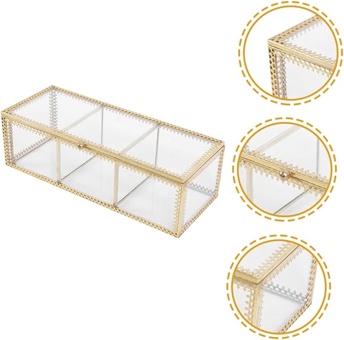 Jewelry Box with Glass Lid and Metal Frame Vanity Organizer for Makeup Rings Earrings Necklaces Bracelets Watches and Small Accessories Dustproof Storage for Bathroom Desk