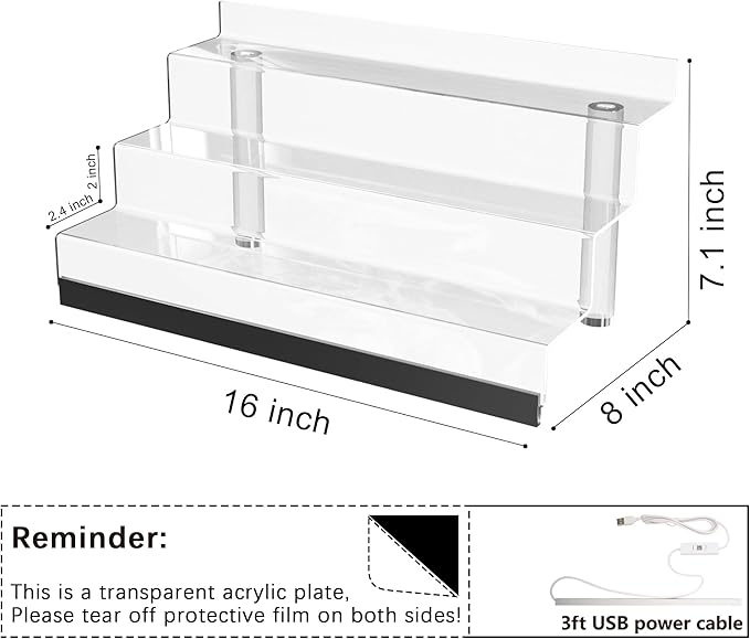 16” Acrylic Display Organizer with LED Light - 3 Tier Perfume Stand and Display Step Shelves Holder, Cologne Organizer for Men, Figures Stand, Porta Perfumes Para Tocador, Clear Riser, Dessert Shelf