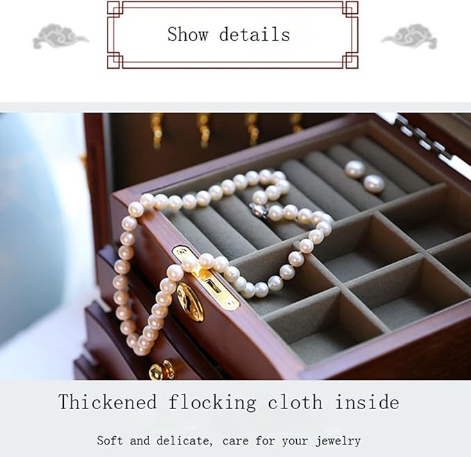 MARURY 2023 Luxury Large Wooden Jewelry Box, Jewelry Box for Women,4-Layer Jewelry Organizer, with Makeup Mirror and Lockbuckle Storage Display Earring Ring Necklace Jewellery