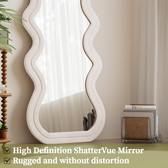 Koonmi 63"x24" Wavy Mirror Full Length, Flannel Floor Mirrors, Irregular Wavy Standing Mirror Wall Mounted with Flannel Wrapped Frame for Bedroom & Living Room, White