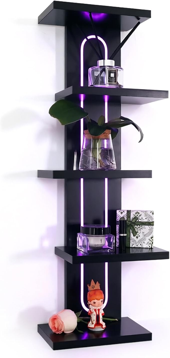 Homaterial RGB Wall Shelves for Gaming Room & Display, 5-Tier Unique Staggered Floating Shelves with Lights & Remote, Vertical MDF Shelf for Collectibles, Room Decor, Black