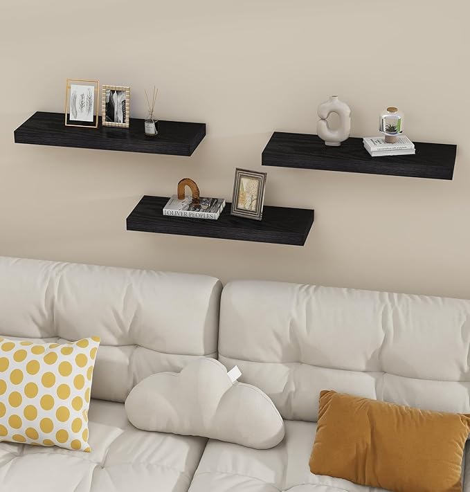 Vervida® 6 Pack Black Floating Shelves,24" W x 5.8" D x 1.5" H, Holds Up to 37 Lbs, Ideal for Living Room, Bedroom, Bathroom, Kitchen, Office, Storage, Display, with Invisible Brackets Wall Shelves