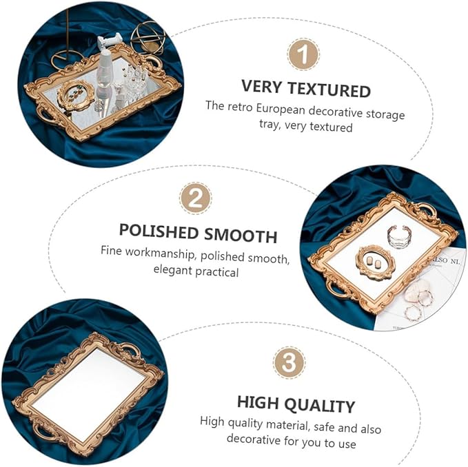 Vintage European Mirror Tray Decorative Makeup and Perfume Storage Organizer, Golden Rectangular Retro Cosmetic Display Plate for Vanity and Room Décor