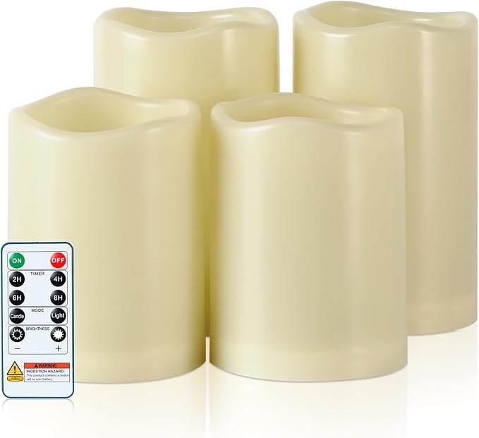 5plots 3"X 4"4" 5" 5" Outdoor Waterproof Candles, Battery Operated Led Ivory White Flameless Candles with 10-Key Remote & Timer for Indoor Home Lantern Holiday Decor, Set of 4