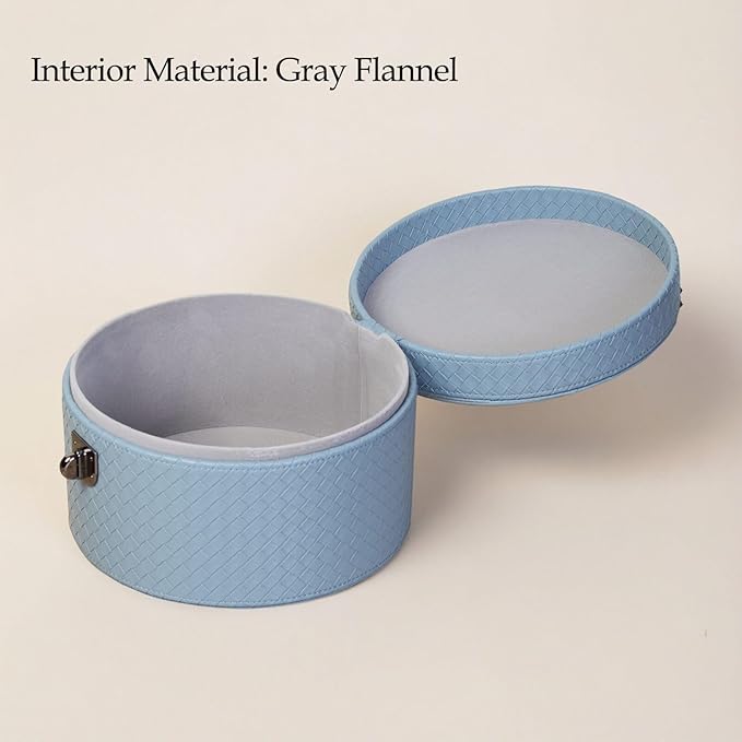 Set of 2 Round Blue Artificial Leather Decorative Boxes with Black Decorative Buckle for Home Decor
