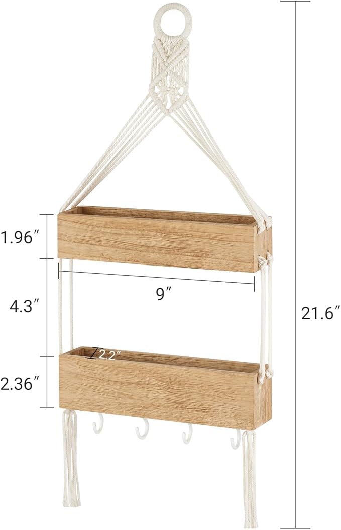Mkono Macrame Hanging Shelf for Bedside Shelf Organizer with Hooks, Boho Wall Decor Cute Wood Floating Shelves for Girls Bedroom Dorm Nursery, Wall Storage for Phone, Remote, Accessories (Small)