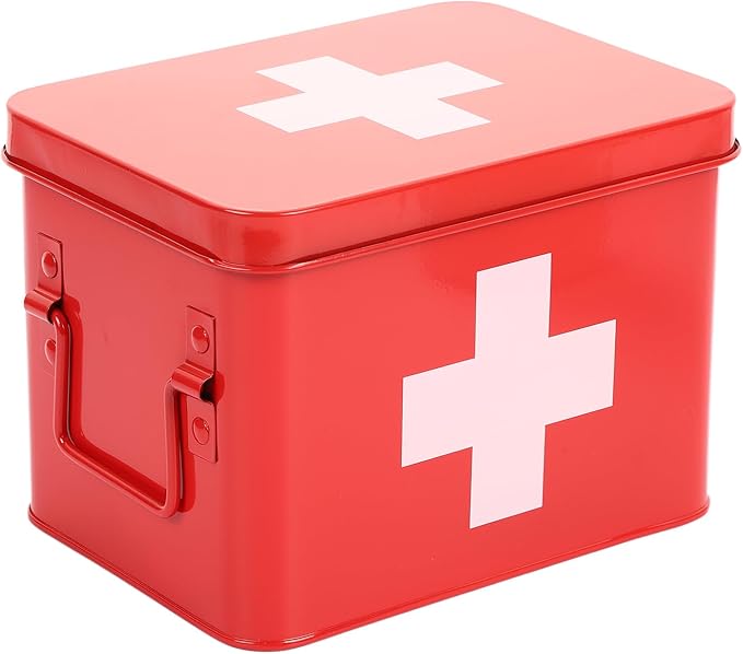 Lassos Boutique Retro Enameled First Aid Box for Medicine Storage and Home Decor with Lid and Removable Tray (Red/White)
