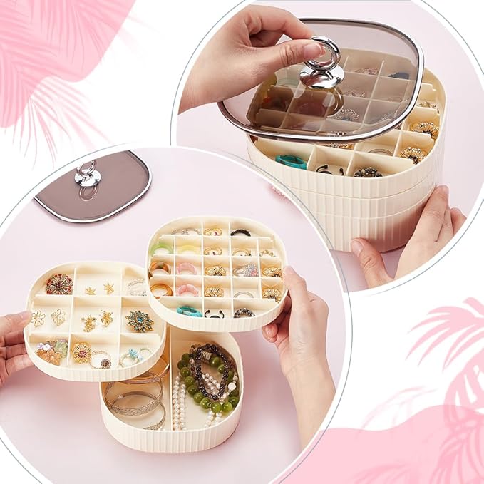 AHANDMAKER Earring Organizer 3-Layer Jewelry Organizer Boxes with Lid Stackable Make up Storage Holder Trinket Box Stylish Multi-Functional Accessory for Earrings Rings Studs Bracelets Necklaces