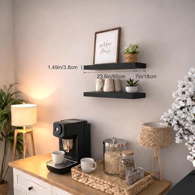 Floating Shelves for Wall, 24" Wall Mounted Shelves, Industrial Minimal Decor & Storage for Bathroom, Home Office, Living Room, Study, with Invisible Brackets, Set of 2, Black