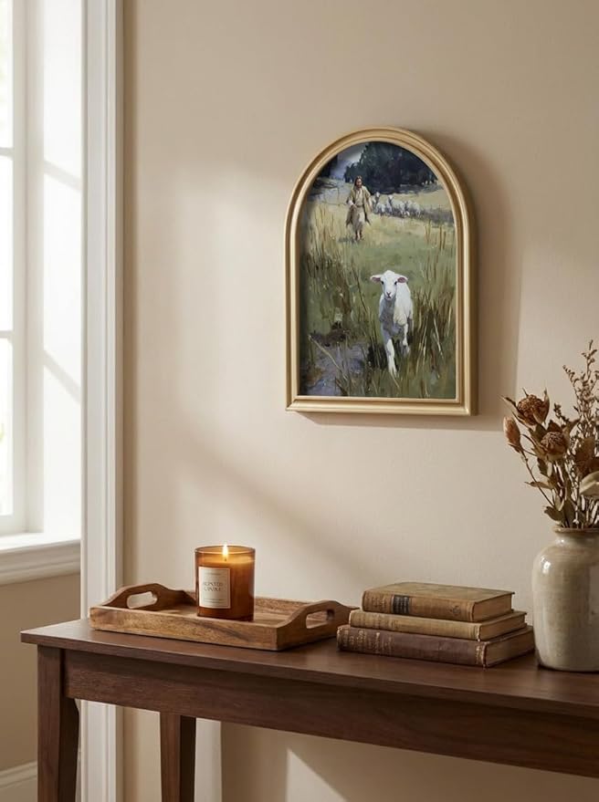 TwoDays Gold Vintage Christian Jesus Arched Wood Framed Wall Art – Jesus Leaves the 99 Sheep Canvas Picture, Religious Farmhouse Artwork Prints Wall Decor for Living Room, Bedroom (11" x 13.8")