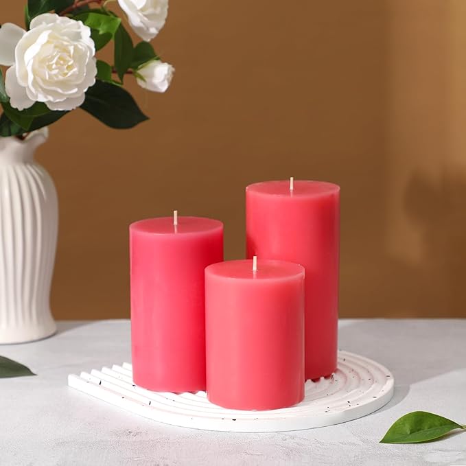 Pink Pillar Candles Set of 3 - Valentines Day Pink Candles Decorations, Hand-Poured Unscented Candle, Smokeless Decorative Candle for Home, Set of 3 in Different Sizes (4", 5", 6")