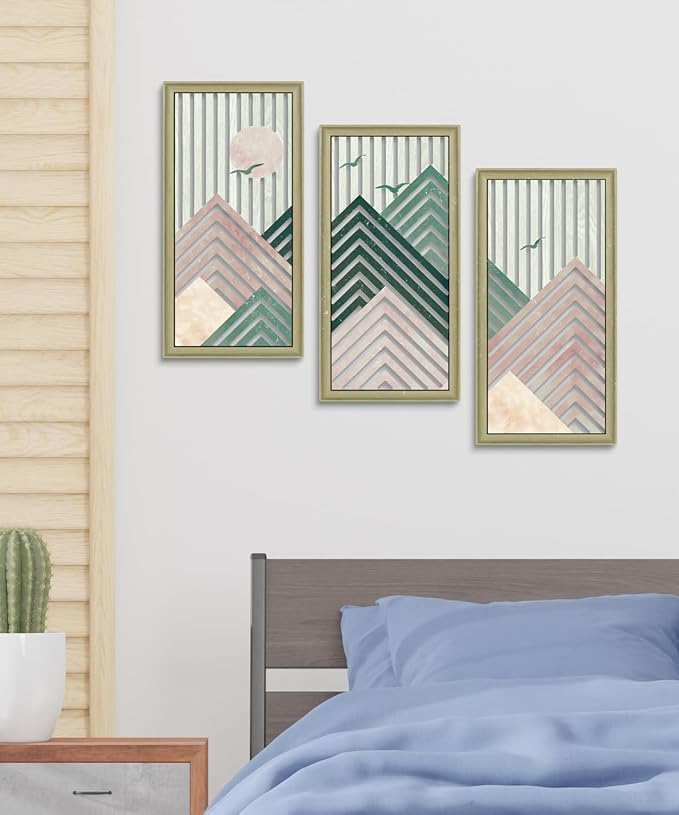 Putuo Decor Boho Mountain Wall Decor Set of 3, Rustic Farmhouse Wooden Wall Art, Nature-Inspired Geometric Artwork, Mid-Century Modern Aesthetic for Living Room Bedroom Entryway, Pink