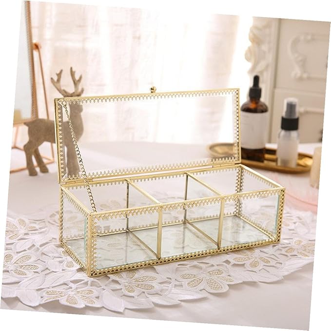 Jewelry Box with Glass Lid and Metal Frame Vanity Organizer for Makeup Rings Earrings Necklaces Bracelets Watches and Small Accessories Dustproof Storage for Bathroom Desk