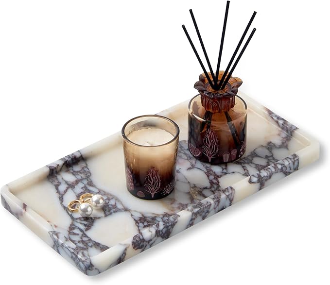 Luxury Natural Rectangle Marble Tray – 11.8 x 5.9-Inch Calacatta Viola Stone Vanity Tray, Modern Makeup Organizer for Perfume Skincare Products, Decorative Tray for Bathroom Coffee Table & Dresser