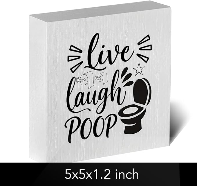 Funny Rustic Bathroom Decor Wooden Box Sign 5x5 Inch - "Live, Laugh, POOP" Humorous Restroom Shelf Wall Countertop Ornament, Farmhouse Style Decor for Guest Bathroom & Housewarming Gif