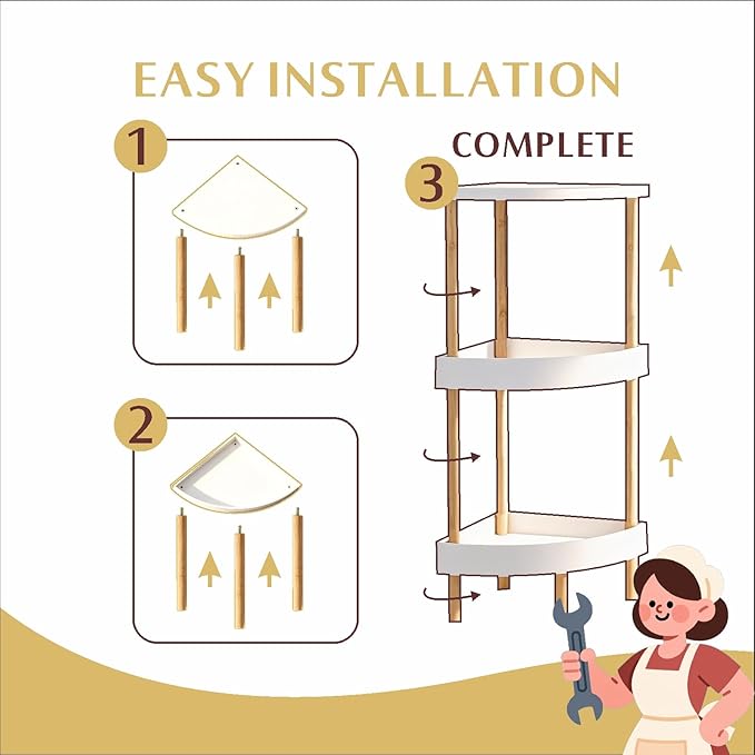 3-Tier Bamboo Corner Shelf - No Screws, Twist & Lock Assembly in 5 Mins, 5-Layer Lacquer Finish, Sturdy & Anti-Tip Design for Kitchen, Bathroom, Living Room, Easy to Clean