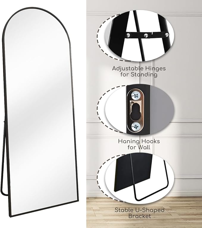 Arched Full Length Mirror, 64 "x 21" Floor Mirror with Stand, Full Body Mirrors with Aluminum Alloy Frame, Freestanding, Wall-Mounted or Leaning (Black)