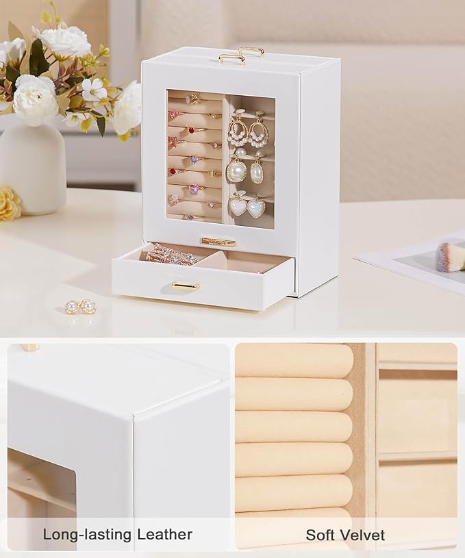Mothers Day Gifts Homde Jewelry Organizer Girls Women Jewelry Box for Necklaces Rings Earrings Gift Bracelets Storage Case (White + Gold)