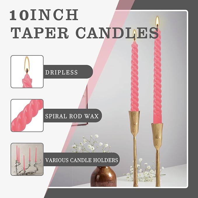 WPONSZU 10 Inch Pink Spiral Taper Candle Set of 12 Pack Unscented Dripless Candlesticks for Valentine's Day,Dinner,Party,Brithday,Wedding,Christmas,and Home Decoration